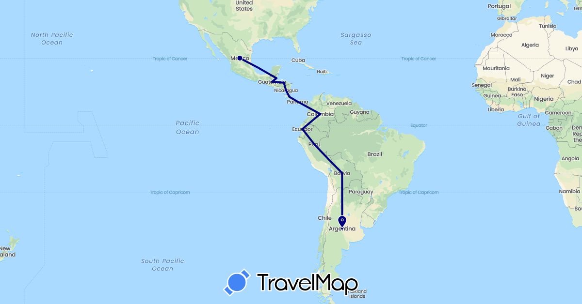 TravelMap itinerary: driving in Argentina, Bolivia, Belize, Colombia, Costa Rica, Ecuador, Guatemala, Honduras, Mexico, Nicaragua, Panama, Peru (North America, South America)